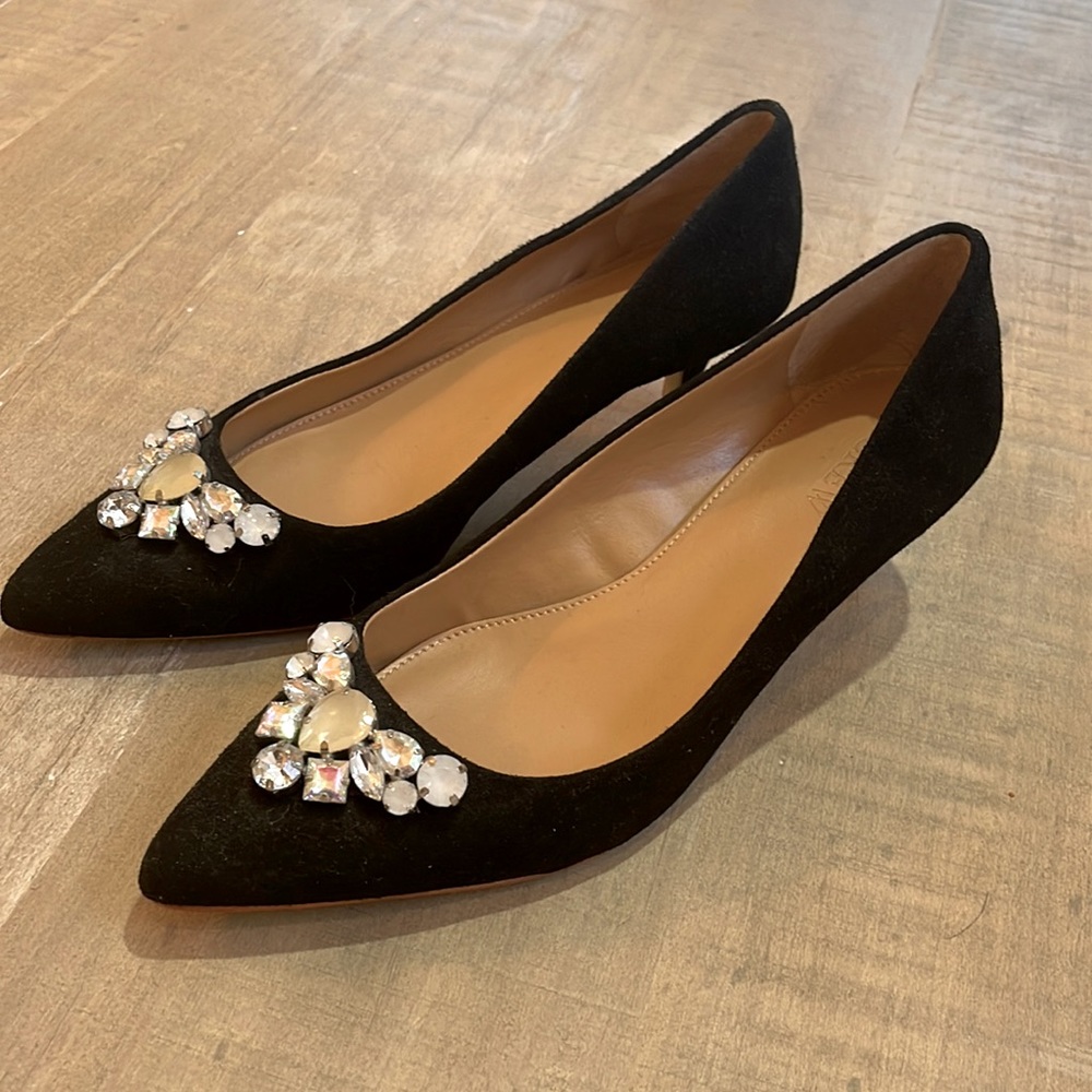 Black JCrew Factory Suede Pumps with Jeweled details